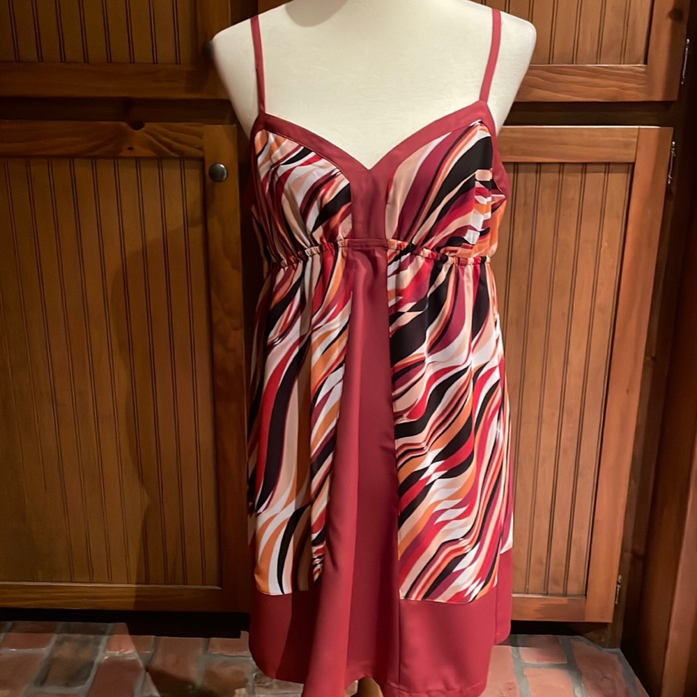 #305, Elle, size L, sundress, shades of rust,orange, peach and white